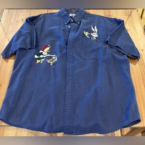 GUC ACME Looney Tunes Blue Casual Button-Down Shirt w/Cartoon Embroidery Size L